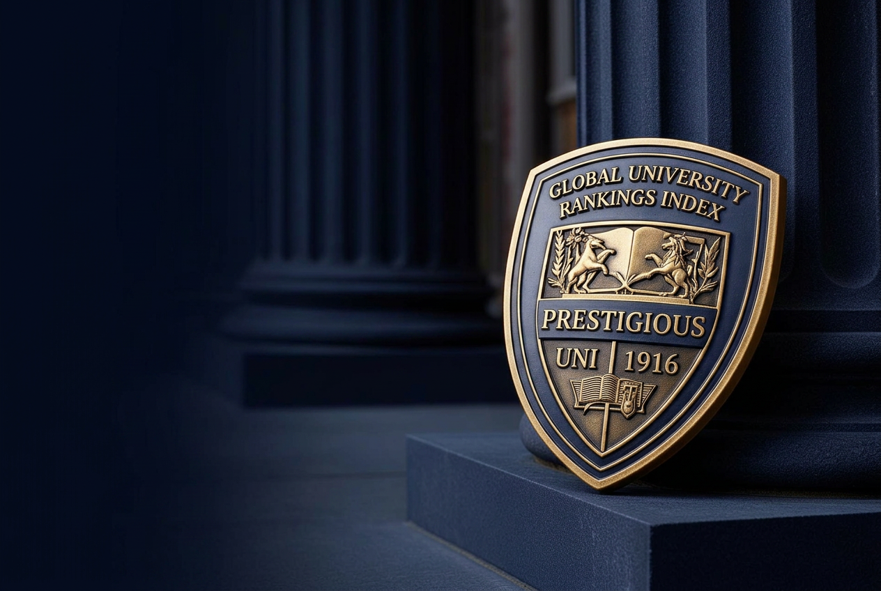 Navy and gold university recognition shield displayed in an academic setting